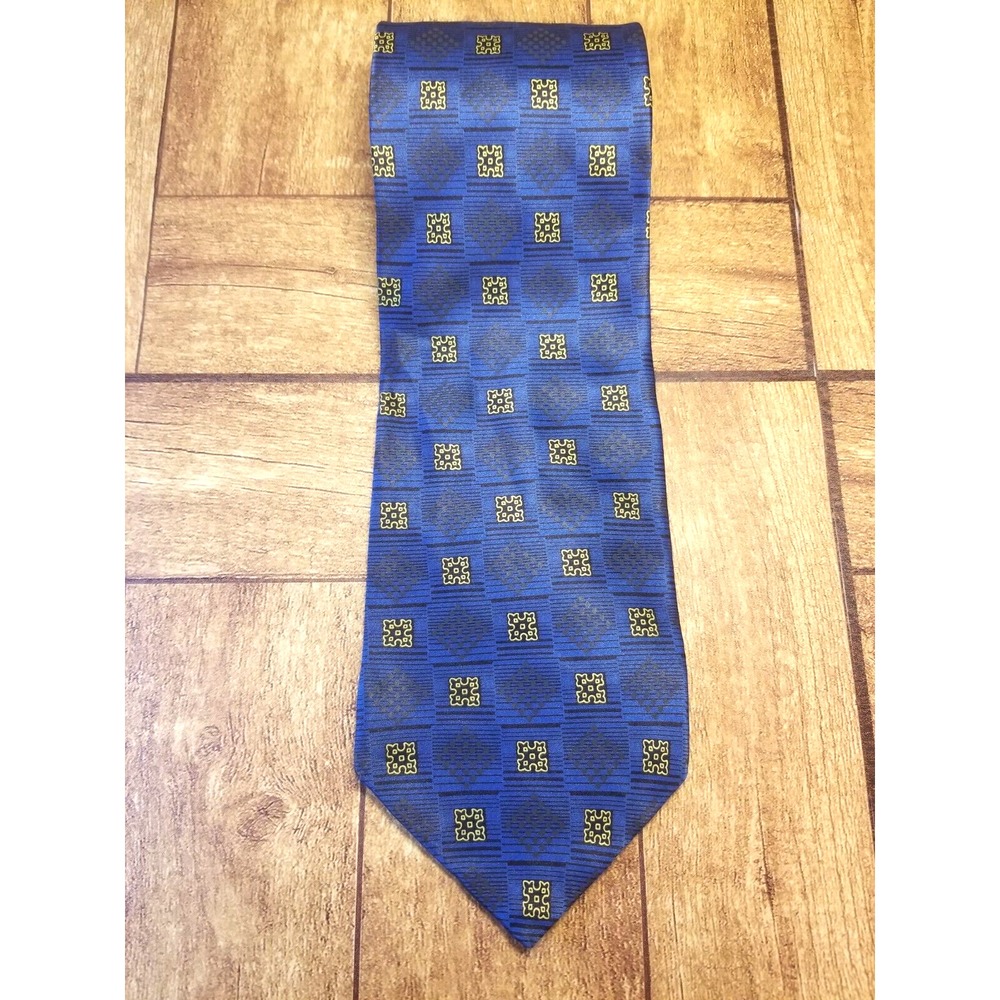 Pierre Balmain Electric Blue Geometric Gold Italian Silk Smooth Pointed Tie‎ USA